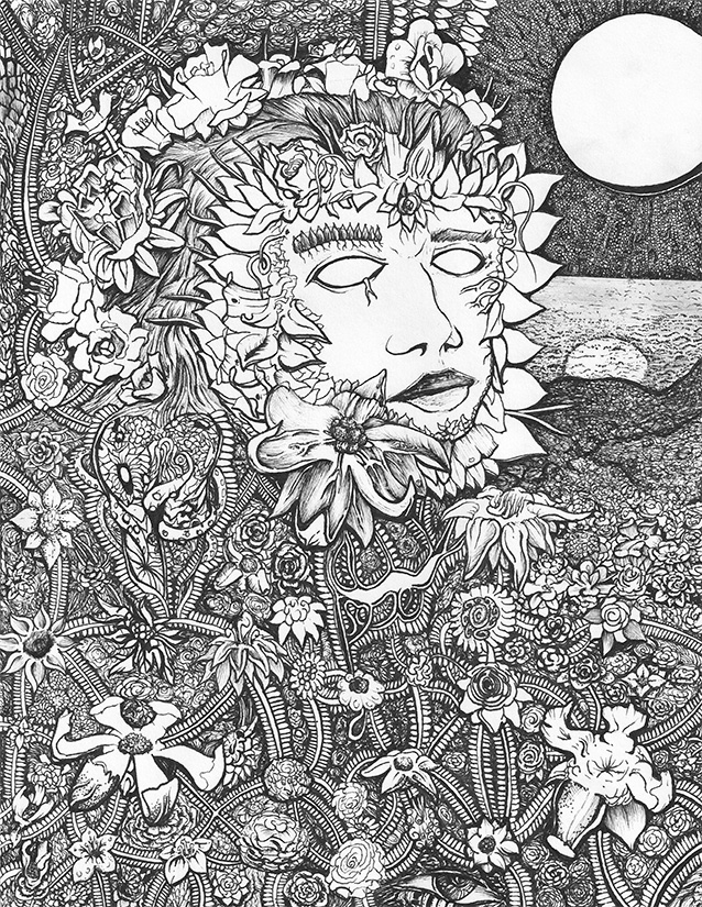 Ink drawing of the Midnight Mother's daughter awake in her flora.